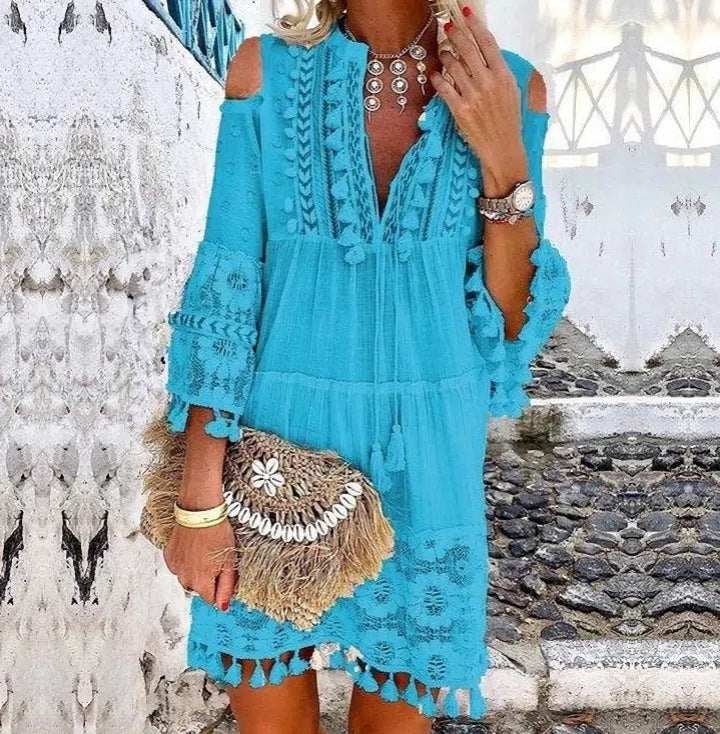 Damen Boho-Tunika mit Spitzendetails und offenen Schultern Drune