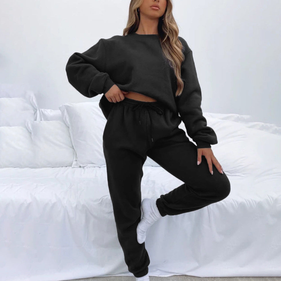 Damen kuscheliges Relax-Sweatshirt- und Jogger-Set aus angerautem Baumwollmix mit Raglanärmeln Drune
