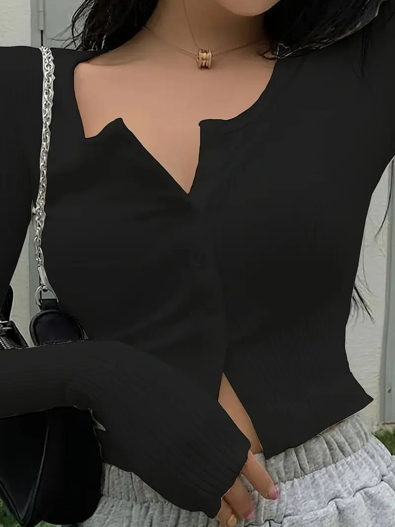 Damen Figurbetonter gerippter Cropped-Cardigan mit V-Ausschnitt und Knopfleiste Drune