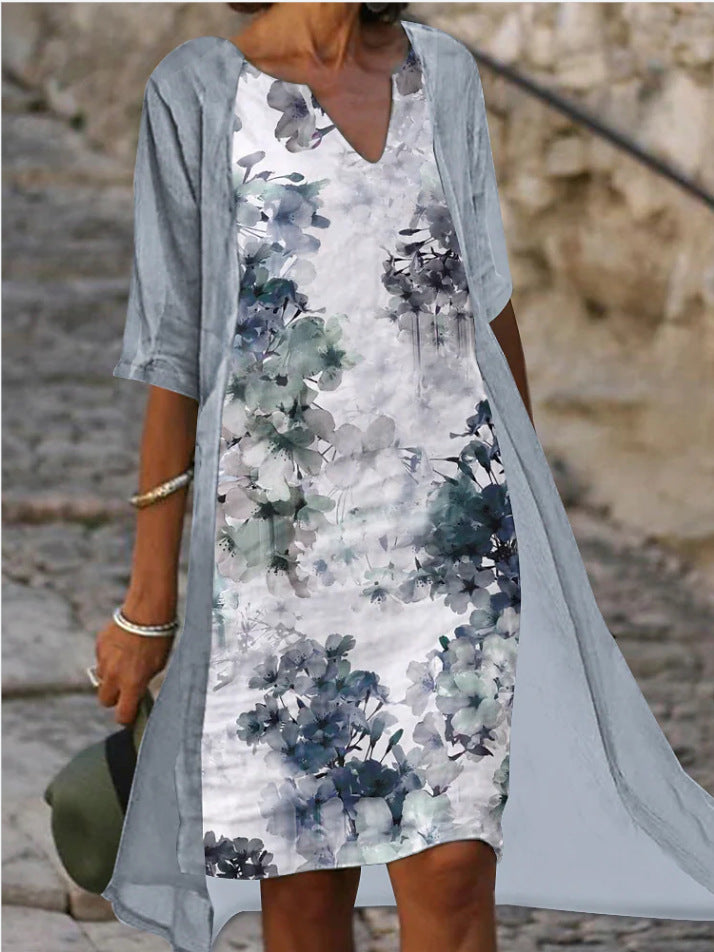 Damen Freizeitkleid mit floralem Muster und V-Ausschnitt Drune