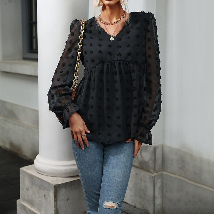 Damen Transparente Chiffon‑Bluse mit V‑Ausschnitt, erhabener Punkte‑Textur und Babydoll‑Silhouette Drune