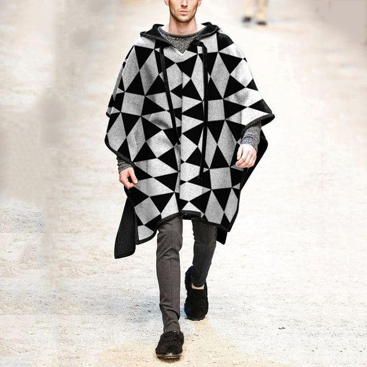 Herren Oversized Kapuzenponcho aus Strick mit geometrischem Mosaikmuster Drune