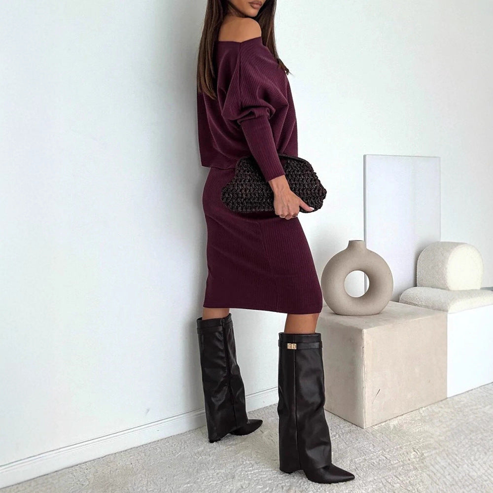 Damen Zweisitiges geripptes Strick-Set mit Off-Shoulder-Oversize-Pullover und tailliertem Midirock mit Seitenschlitz Drune