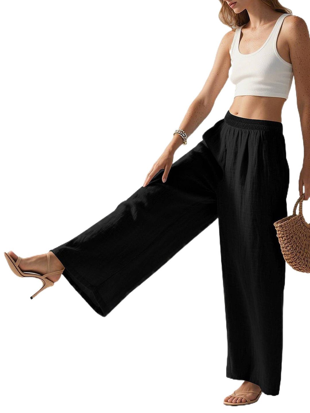 Damen Weite Leinenhose mit elastischem Bund und seitlichen Eingrifftaschen Drune