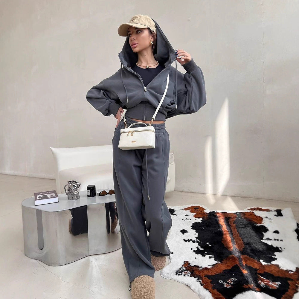 Damen kurzes Kapuzen-Sweatjacke mit Balloonärmeln und elastischer High-Waist Palazzo-Freizeithose Drune