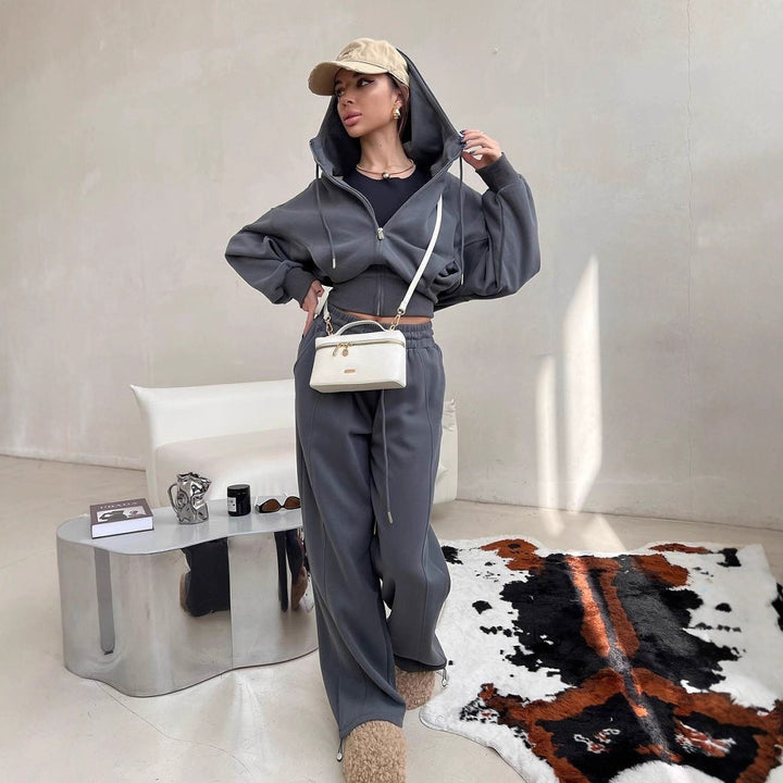 Damen kurzes Kapuzen-Sweatjacke mit Balloonärmeln und elastischer High-Waist Palazzo-Freizeithose Drune
