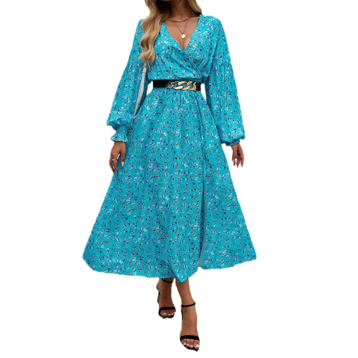 Damen nan Wickelmidikleid mit V-Ausschnitt, Ballonärmeln und taillierendem Gürtel Drune