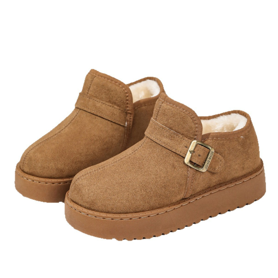 Damen Gefütterte Kurzschaft-Stiefel in Wildleder-Optik mit Plateau und Schnallenriemen Drune