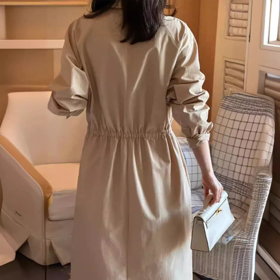 Damen Langärmeliges Hemdblusen-Maxikleid mit Taillengürtel und Eingrifftaschen Drune