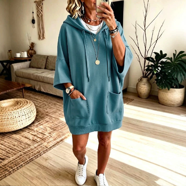 Damen Oversize Hoodie-Kleid mit Kängurutaschen und halblangen Ärmeln Drune