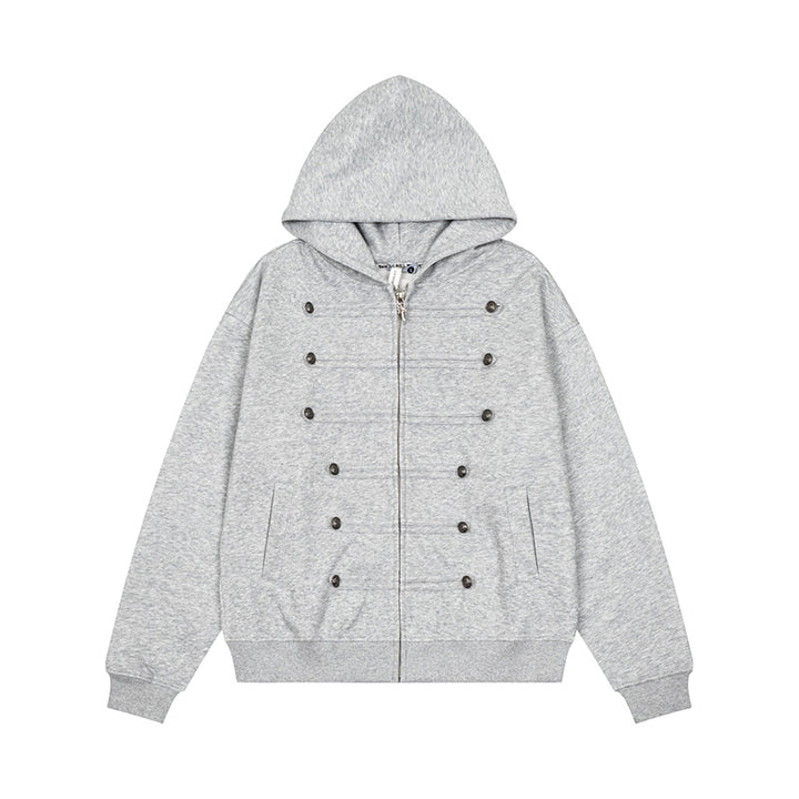 Damen Kapuzen-Sweatjacke mit dekorischer Doppelknopfleiste und Reißverschluss Drune