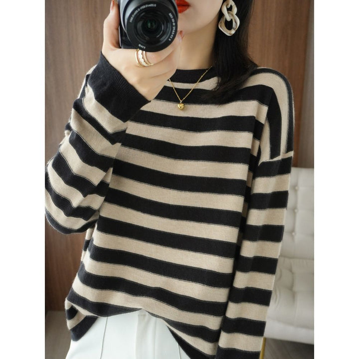 Damen lässiger Strickpullover mit breiten Streifen Drune