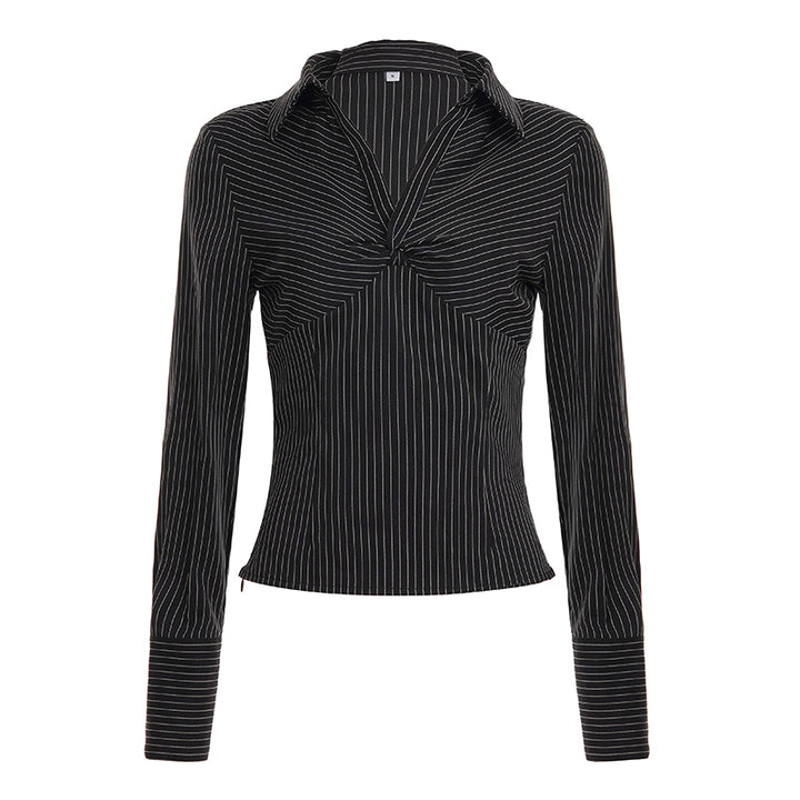 Damen nan tailliertes Langarmshirt mit Twist‑V‑Ausschnitt, Hemdkragen und Nadelstreifen-Optik Drune
