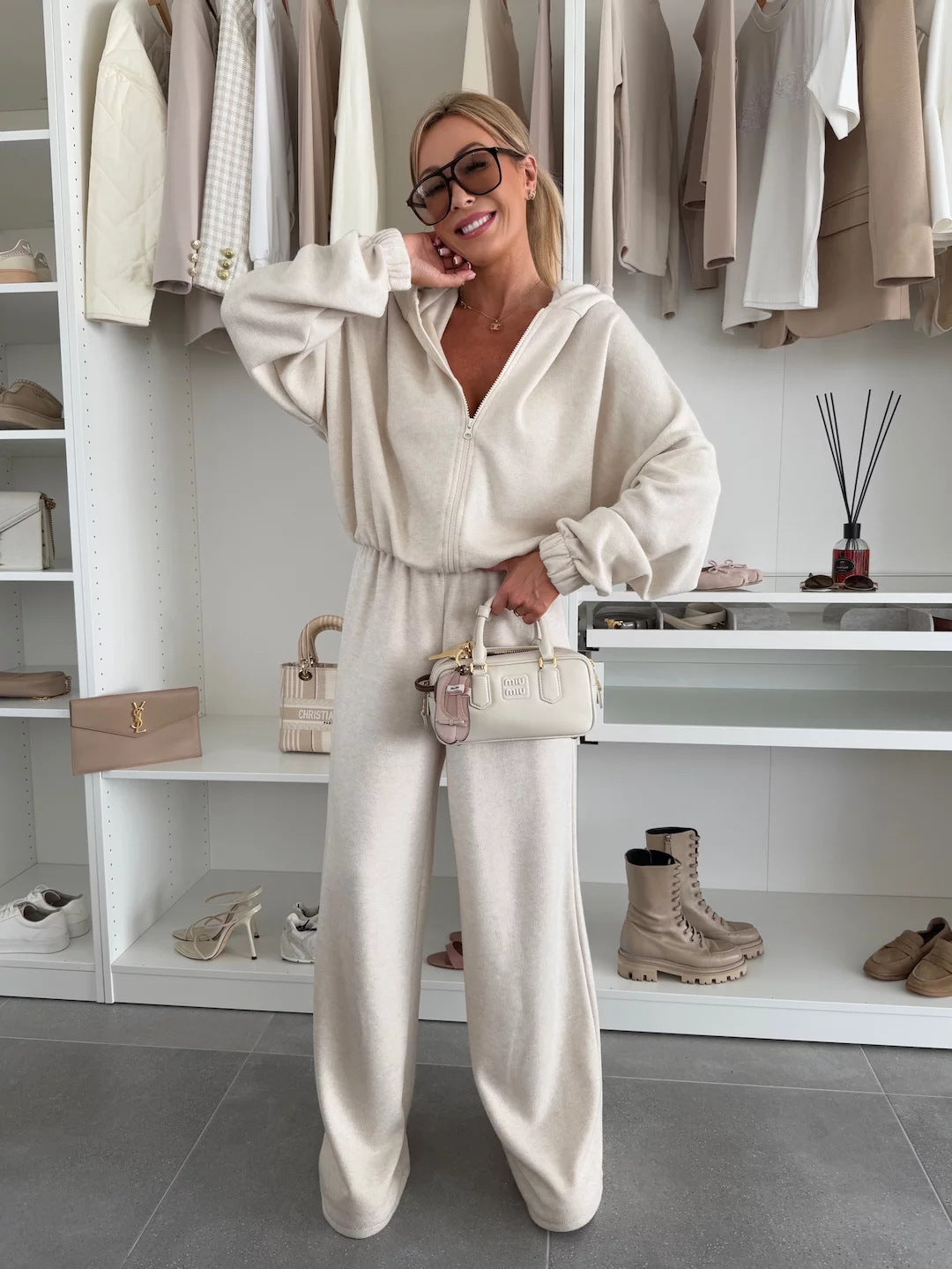 Damen Loungewear-Anzug aus weichem Fleece mit Kapuze und weitem Schnitt Drune