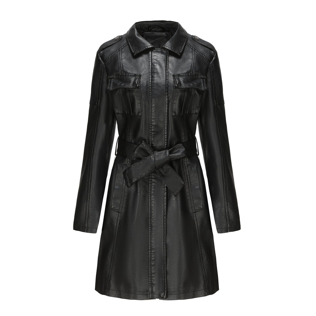 Damen nan langer Kunstleder-Trenchcoat mit Taillengürtel und Schulterriegeln Drune
