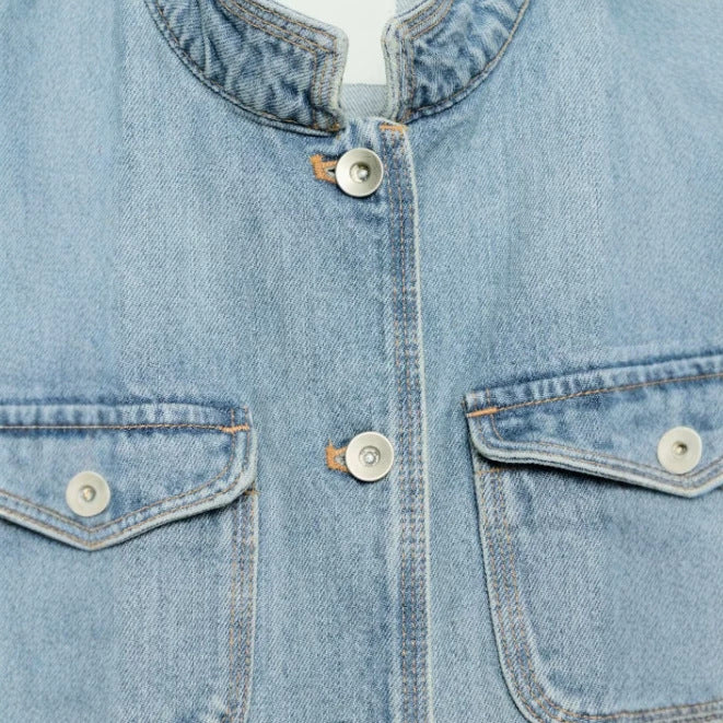 Damen Jeansjacke im Utility-Look mit Stehkragen, Pattentaschen und Schulterpatten Drune