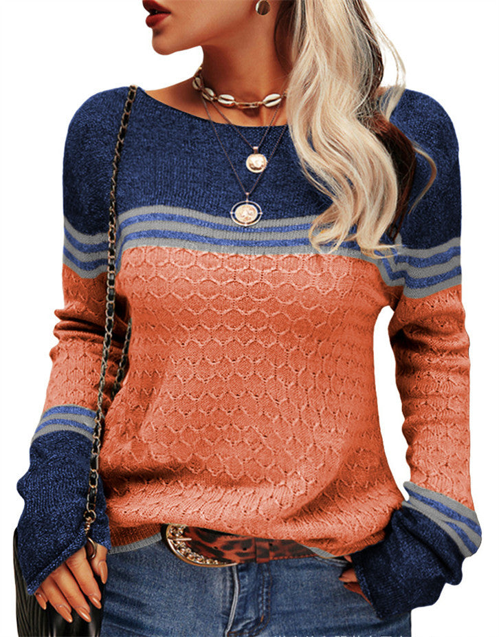 Damen nan lässiger gestrickter Pullover mit Strukturmuster, U-Boot-Ausschnitt und kontrastierenden Bündchen Drune