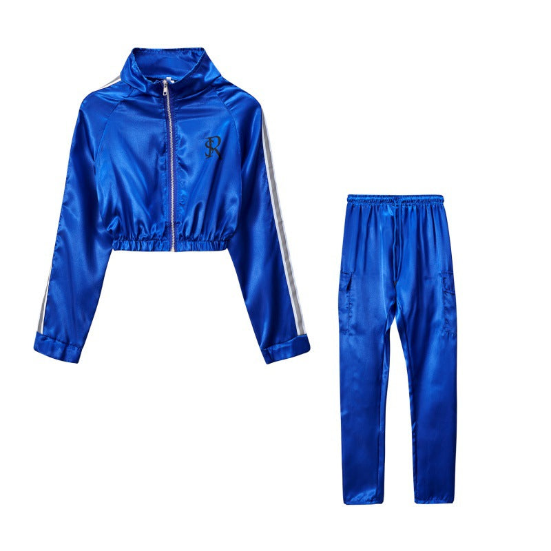 Damen Sportliches Trainingsanzug-Set mit cropped Jacke und Jogginghose Drune
