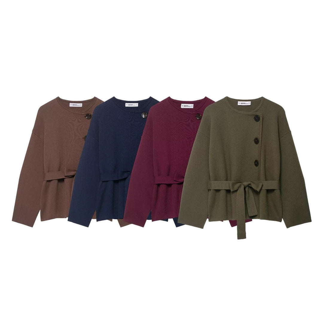 Damen Strickjacke mit asymmetrischer Knopfblende und Taillengürtel Drune