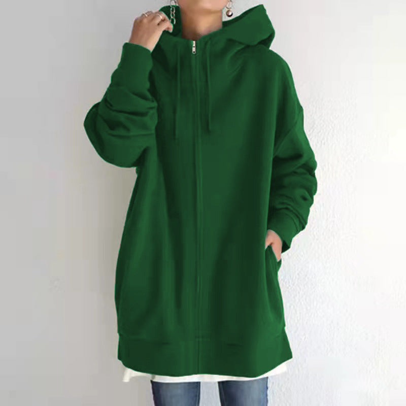 Damen nan oversized Kapuzenlongpullover mit Reißverschluss und Eingrifftaschen Drune