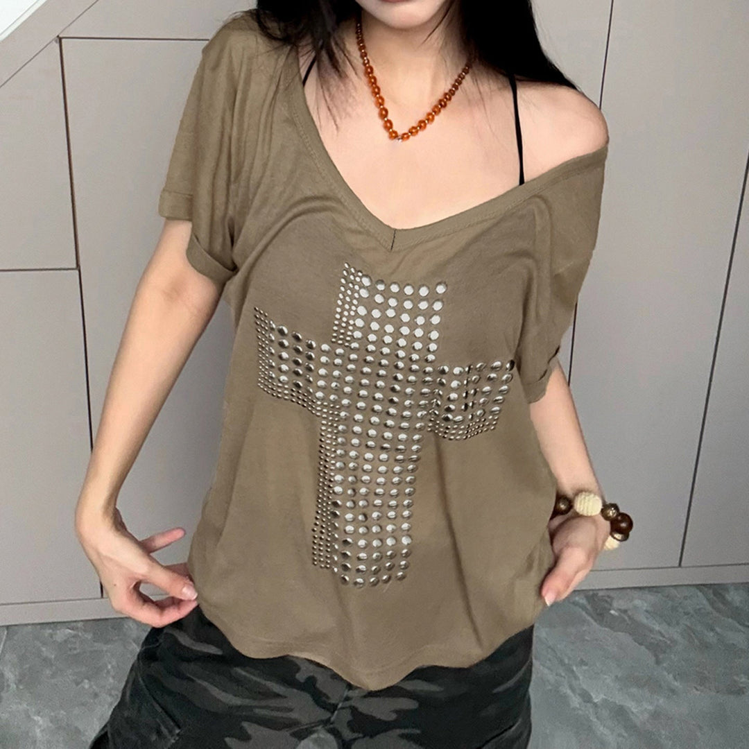 Damen V-Ausschnitt T-Shirt mit stilvollem Nieten-Dekor Drune