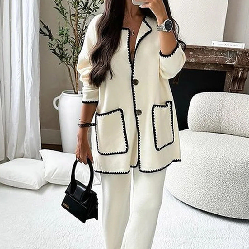 Damen Longline-Strickset mit kontrastbesetzter Strickjacke und weitem Palazzo-Hosen Drune