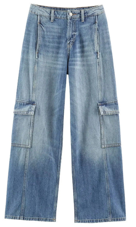 Damen Jeans‑Cargo‑Hose mit weitem Bein, Ziernähten und aufgesetzten Klappentaschen Drune