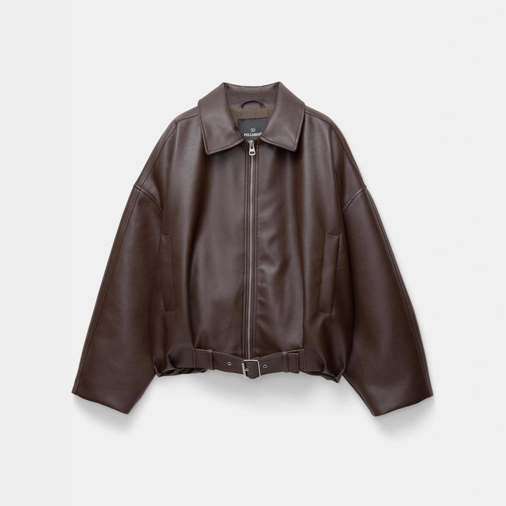 Damen Modische Kunstlederjacke mit auffälligem Kragen und Taillengürtel