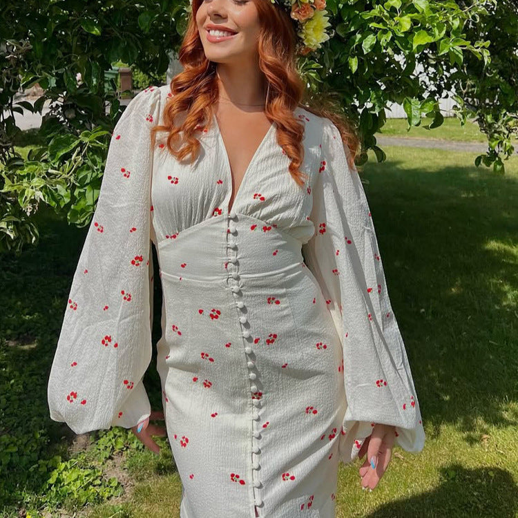 Damen Midikleid mit Puffärmeln, V-Ausschnitt und dekorativer Knopfleiste Drune