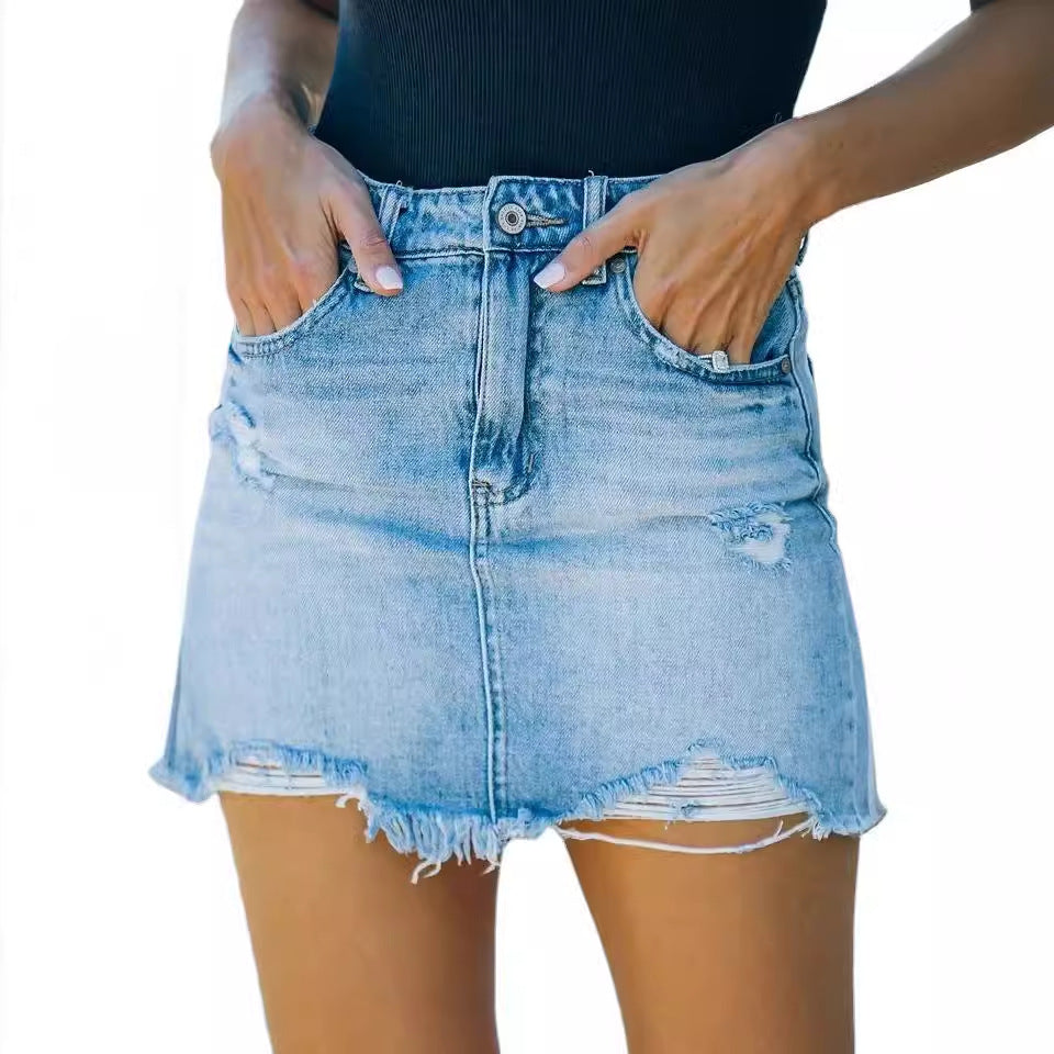 Damen Jeansrock im lässigen Used-Look mit fransigen Säumen Drune
