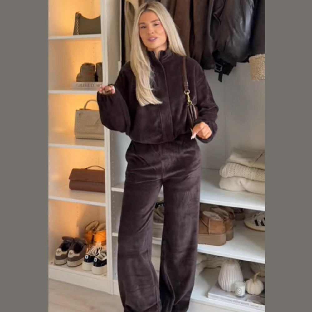 Damen Samt-Relax-Set mit Reißverschluss-Jacke, Stehkragen & High‑Waist Weitbein‑Hose Drune