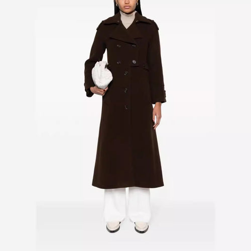 Damen Bodenlanger Doppelreihiger Trenchcoat aus Wollmix mit Schulterpatten und verdecktem Taillengürtel Drune