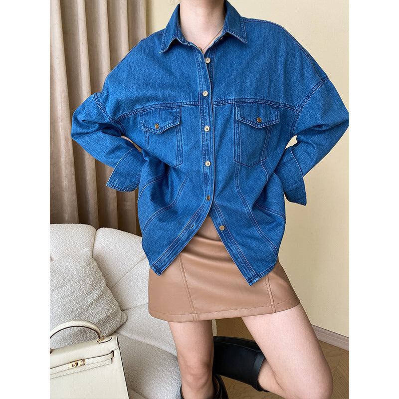 Damen lässige Denim-Hemdjacke mit dekorativen Knopfdetails und zwei Brusttaschen Drune