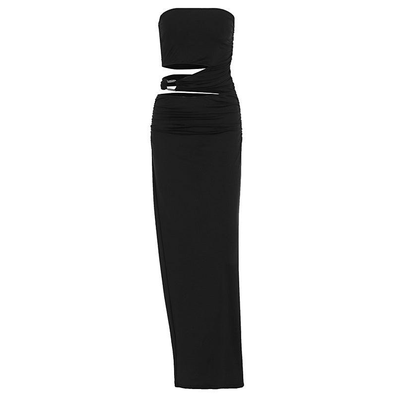 Damen elegantes Bodenkleid mit gerafftem Design und verstellbarem Gürtel Drune