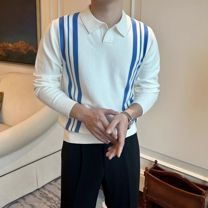Herren Polokragen-Strickpullover mit markanten Längsstreifen und schmaler Passform Drune
