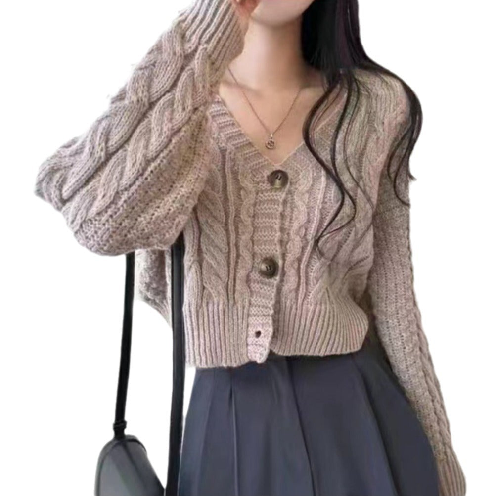 Damen cropped Strickjacke mit Zopfmuster und klassischen Knöpfen Drune