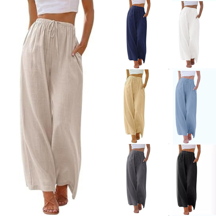 Damen nan weite Leinenhose mit elastischem Bund Kordel und Seitentaschen Drune