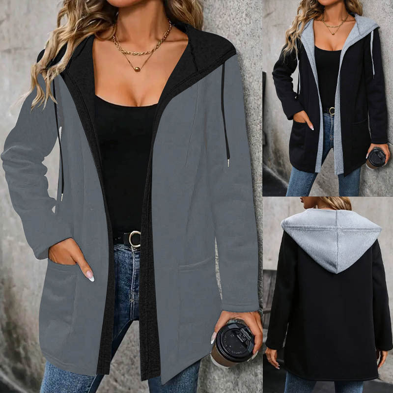 Damen Langer Kapuzen-Cardigan mit kontrastiertem Besatz, Kordelzug und Eingrifftaschen Drune
