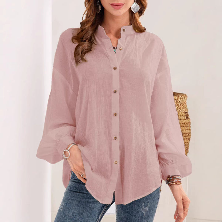 Damen Lose Crinkle Bluse Top mit Stehkragen und Ballonärmeln Drune