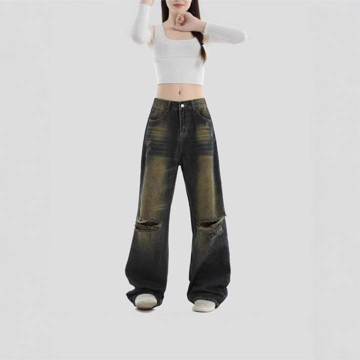 Damen Modische Weitbeinjeans mit zerrissenen Details Drune