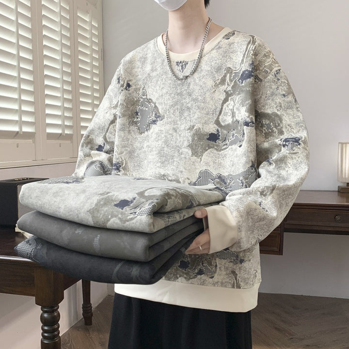 Herren Oversize-Sweatshirt mit abstraktem Marmor-Print und schwerer Baumwollmischung Drune