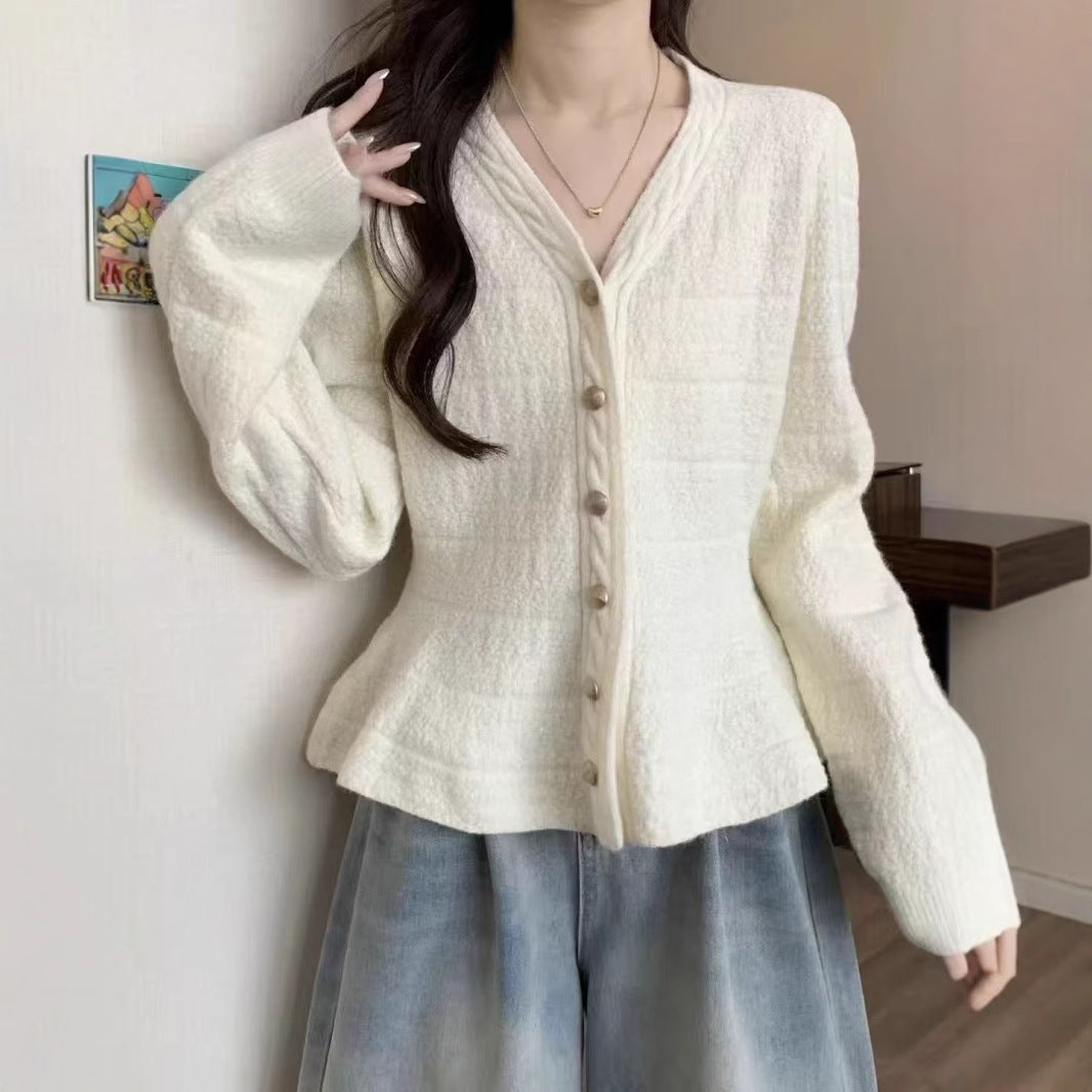 Damen elegante Strickjacke mit strukturiertem Design und femininen Puffärmeln Drune