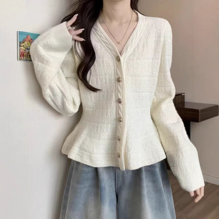 Damen elegante Strickjacke mit strukturiertem Design und femininen Puffärmeln Drune