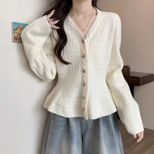 Damen elegante Strickjacke mit strukturiertem Design und femininen Puffärmeln Drune