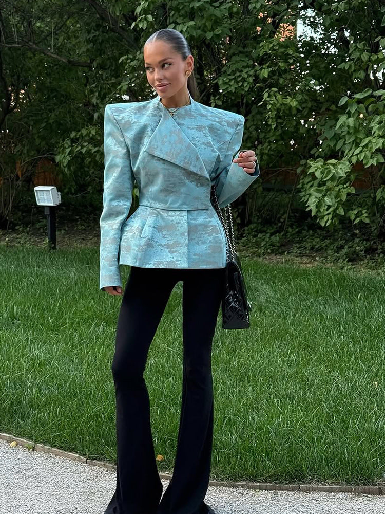 Damen Taillierter Jacquard-Blazer mit betonten Schultern, Schößchen und asymmetrischem Revers Drune