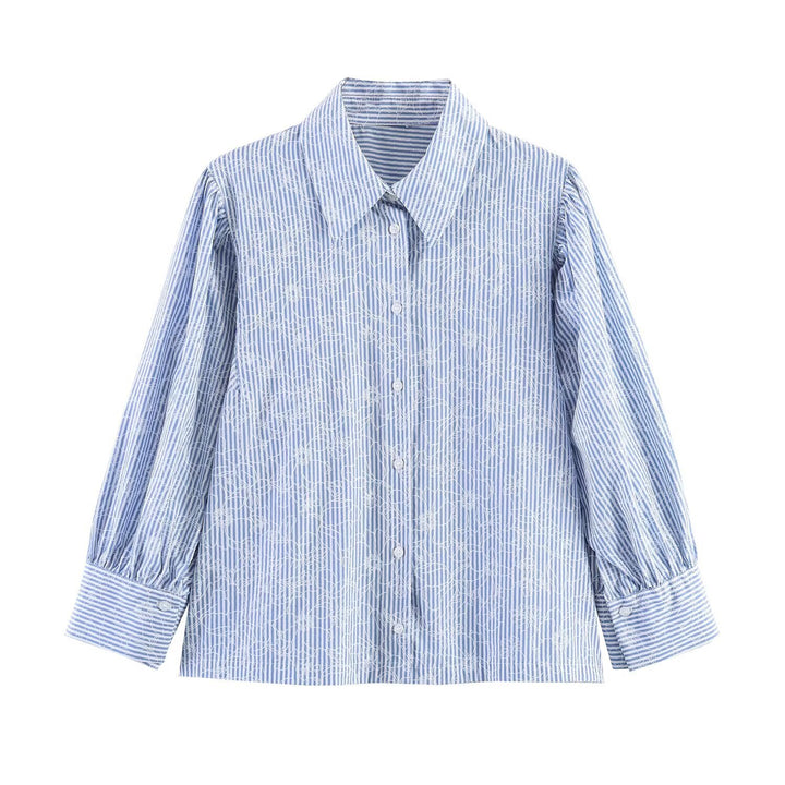 Damen Gestreifte Baumwollbluse mit Puffärmeln und Tonaler Stickerei Drune