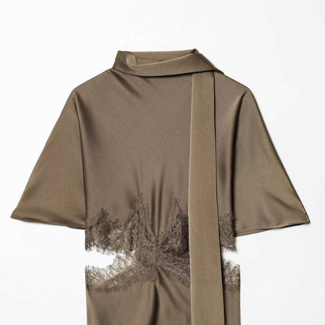 Damen nan asymmetrisches Cape-Midikleid mit Stehkragen, Schal und zarter Spitzensaum Drune