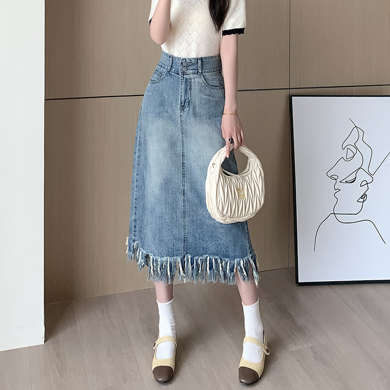 Damen Denim-Midi-Rock mit fransigem Saum Drune