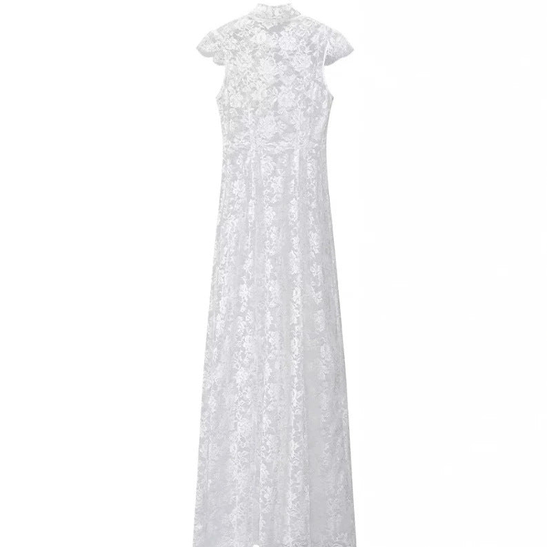 Damen Zweiteiliges Spitzenset mit Stehkragen‑Maxikleid und weiter Spitzenhose Drune
