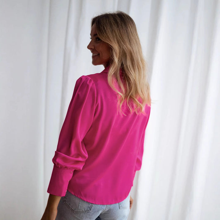 Damen Elegantes Satinhemd mit tiefem V-Ausschnitt und langen Ärmeln Drune